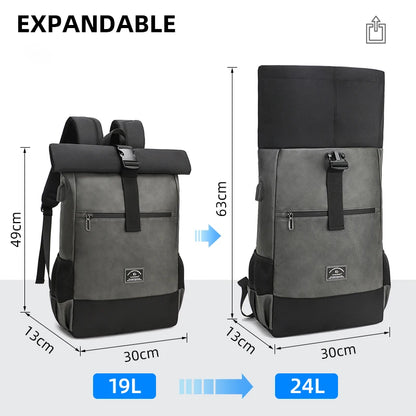 "Stay Dry in Style: The Ultimate Waterproof PU Leather Roll-Top Backpack for Tech-Savvy Fashionistas"